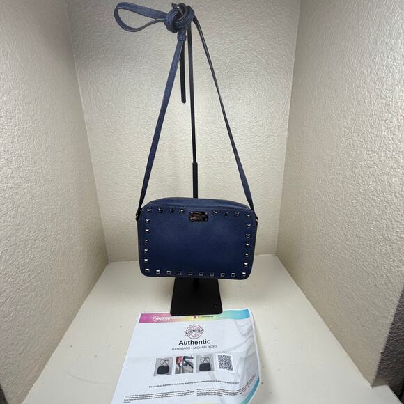 Michael Kors Sandrine studded leather crossbody bag blue w/silver-tone hardware - Picture 1 of 12